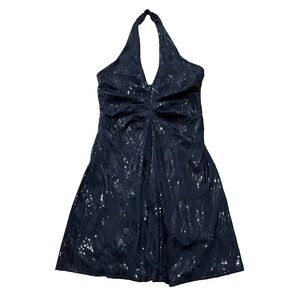 Frederick's of Hollywood Sequin Halter Dress Black Ruched Mini Padded M Cocktail